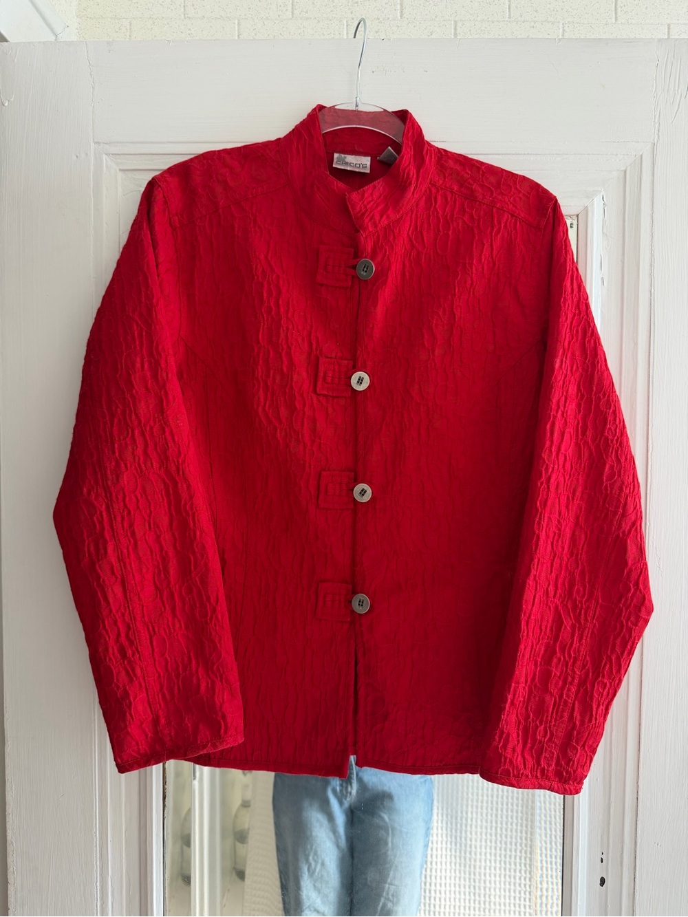 Red Textured Button-Up Jacket - Picture 2 of 4